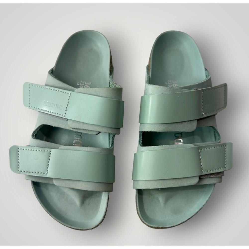 Birkenstock Uji Nubuck Leather Strap Slide Sandals Green Hook Loop Ladies Size 5 - Picture 2 of 16